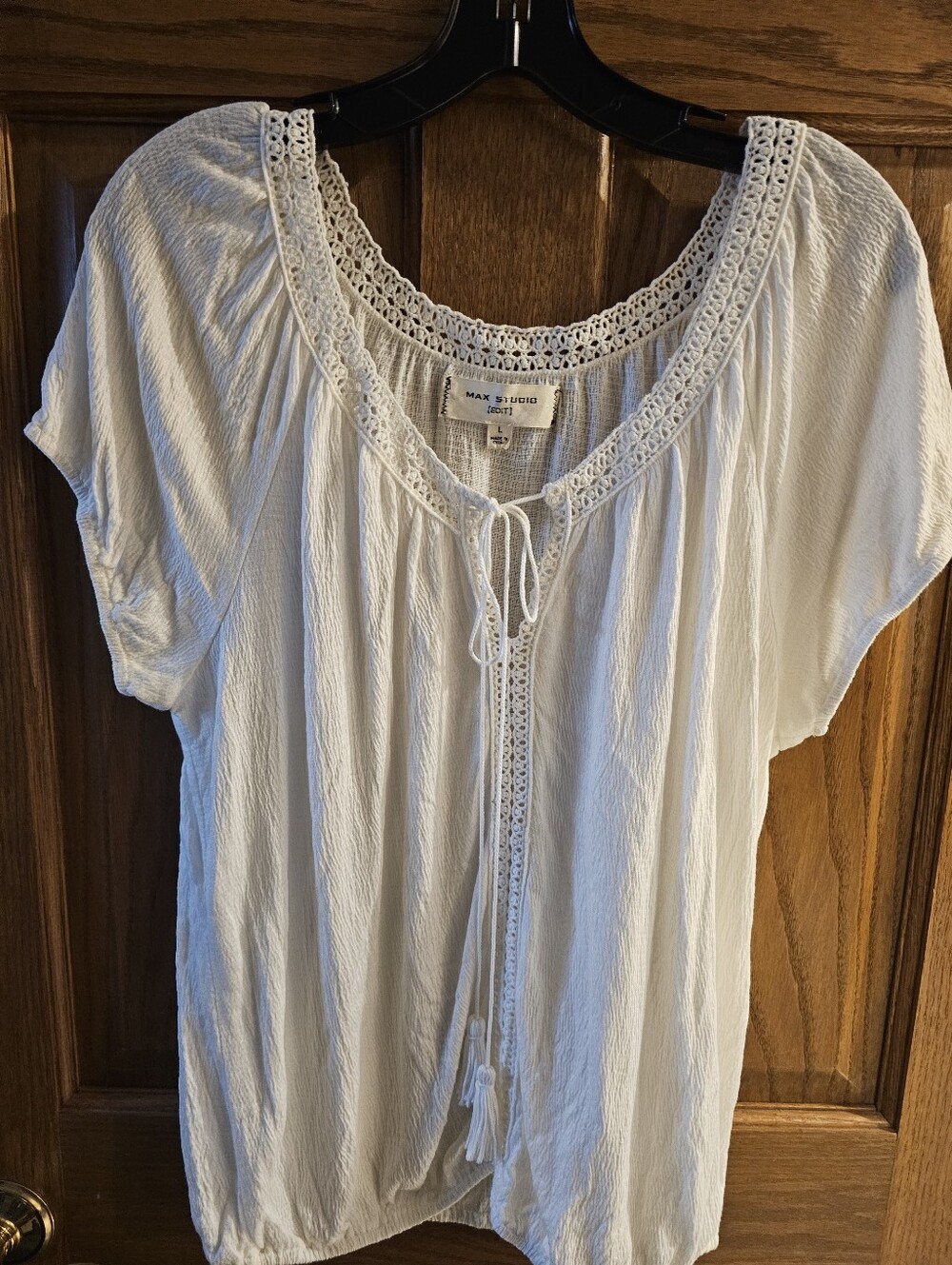 Max Studio Cream Crochet-Trim Tie-Front Peasant Blouse